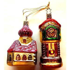 Christmas glass Ornaments set Church and Grandfather Clock Inge Glas Germany